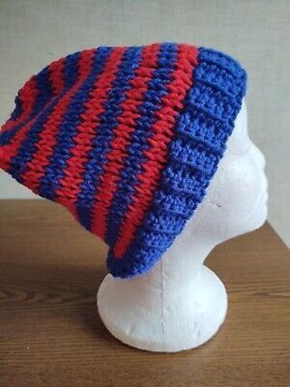 Hand Crocheted Tunisian Stitch Blue and Red Stripe Hat 