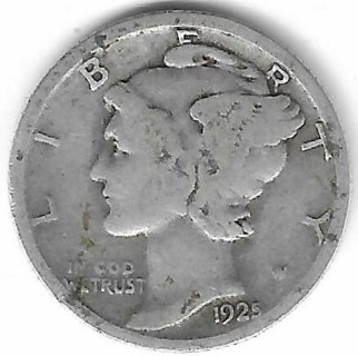 1925 Mercury Dime 90% Silver U.S. 10 Cent Coin