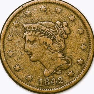 1842  Large Cent, Circulated, Braided Hair, Defined Date, Sharp Features, Refundable. Insured