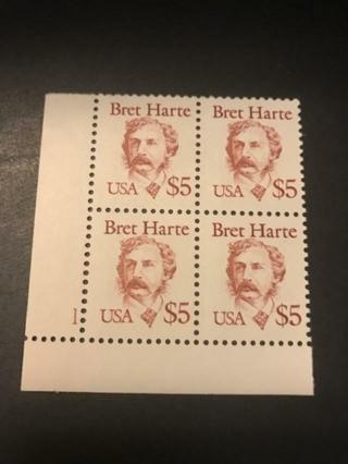 Sc#2196 Bret Harte $5.00 Plate Block of Four Stamps MNH [CV $42.50] 1987 Issue