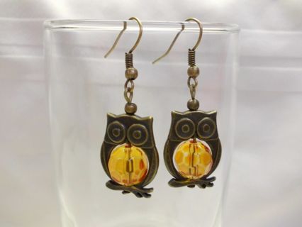 Owl Dangle Earrings NEW Handmade GOLD Beads