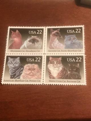 2372 - 75 MNH stamps 1988 22c Cats B4 Siamese Shorthair Persian Burmese Himalayan Maine  Blk of 4