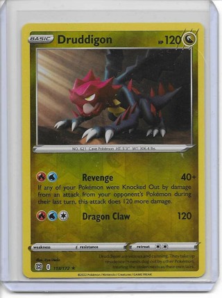 Pokemon Sword & Sheild Brilliant Stars Set Druddigon Reverse Holo Card