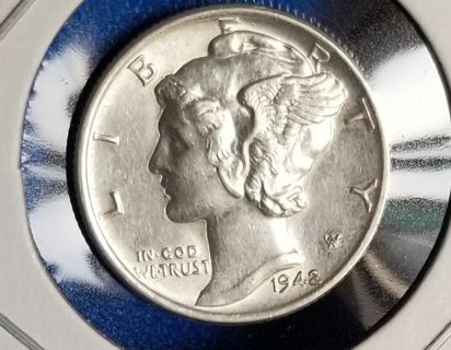 1942~Silver Mercury dime AU~ Winged Liberty - 90% Silver US coin High Grade