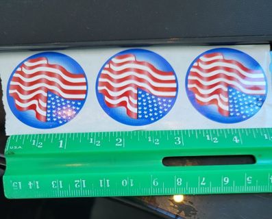 (3) US FLAG/ PATRIOTIC ROUND STICKERS- see ruler for size info