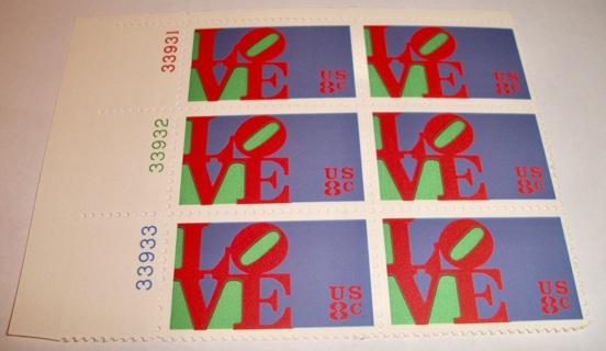 Scott #1475, Love, Pane of 6 Useable 8¢ US Postage Stamps