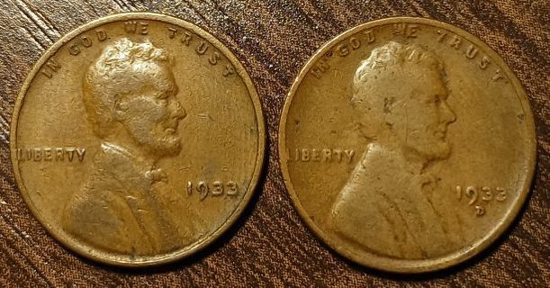 1933 & 1933-D USA Lincoln Wheat Cents Full bold dates!