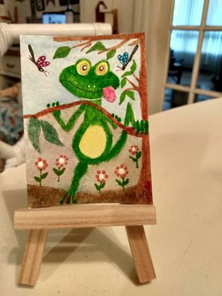 Original, Watercolor Painting 2-1/2"X 3/1/2" Whimsical Frog by Artist Marykay Bond