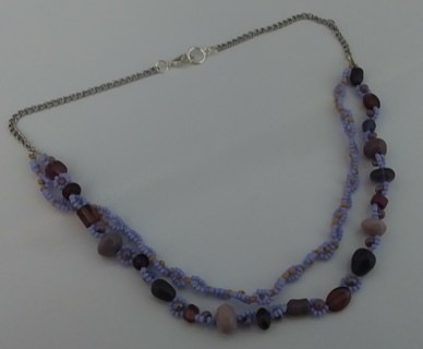 Silvertone flower necklace. Purples, lavender, yellow. Glass, unknown seed bead material.