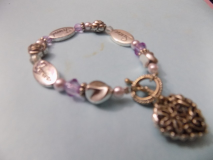 Bracelet Sister/Friends Forever with filigree heart charm purple beads, pearls, rose bead toggle 