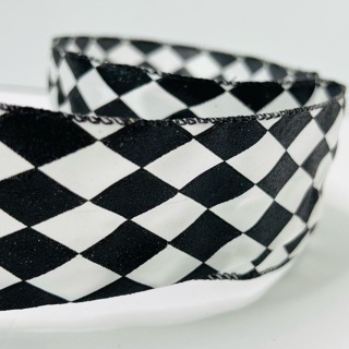 Black & White Harlequin Diamond 2.5” Wire Edge Ribbon 