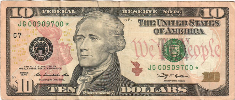 $10 Dollar Bill Trinary Star Note! Series 2009 Serial Number JG 00909700 * Priced to Sell! P6