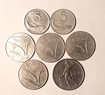 Lot 7 Coin Italy 5 Lire 10 Lire 50 Lire 1951 1952 1953 1954 1956