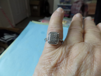 Ring # 8 silvertone sqaure stone with 4 rows sm clear stones and more down sides