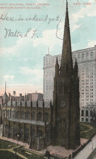 Vintage Used Postcard: j: 1907 Trinity Building, Trinity Church, American Surety Bld, NYC, NY