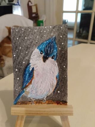ACEO Original, Watercolor & Acrylic Painting 2-1/2"X 3/1/2" Titmouse Bird by Artist Marykay Bond