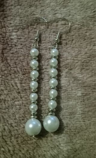 3 inch Pearl Silver Beaded hook earrings new