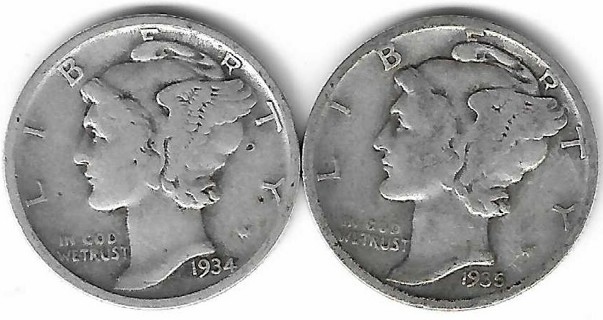 1934 and 1935-D Mercury Dimes 90% Silver U.S. 10 Cent Coins