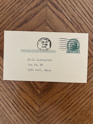 1 cent printed US postage stamp on postcard 1932 Denver Colorado cancellation