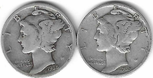 1935 and 1939 Mercury Dimes 90% Silver U.S. 10 Cent Coins