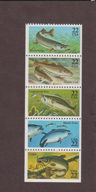 Scott #2209a, Fish Booklet Pane US 1986 $0.22 Strip of 5 MNH/OG Ships Free