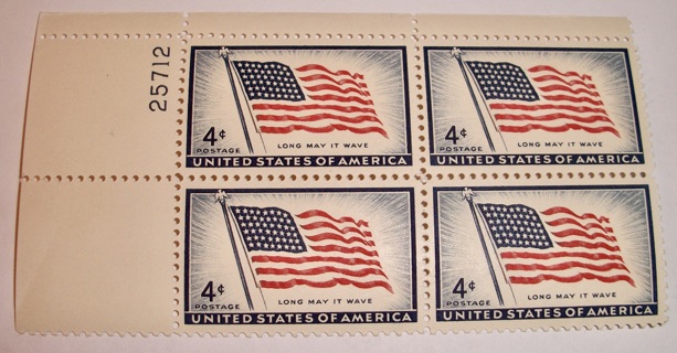 Scott #1094, Long May it Wave, Pane of 4 Useable 4¢ US Postage Stamps