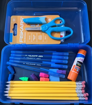 Brand New School / Office Lot: Scissors, Pens, Glue Stick, Pencils, Erasers In A Blue Carry Case