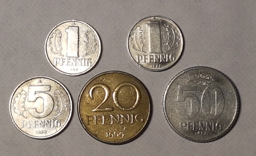 Lot 5 Coin German Democratic Republic 1 5 20 50 Pfennig 1958 1960 1968 1969