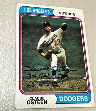 Autographed 1974 Topps Claude Osteen Los Angeles Dodgers #42/1965 WSC Inscription