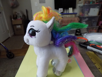 TY Beanie Baby Starr white plush pony 7 ich rainbow mane & Tail silver metallic hooves