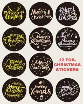☞⛄(12) 1" FOIL 'Merry Christmas' STICKERS!!