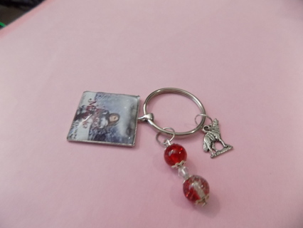 Homemade 3 charm keychain 1 in Native American 2 stacked red beads, howling wolf