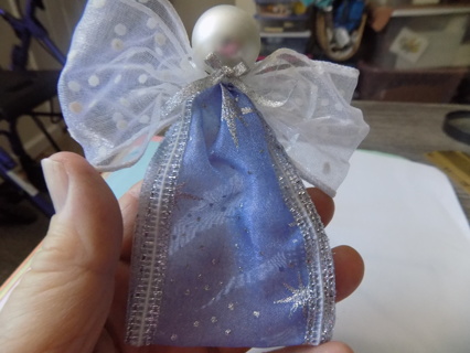Hand made ribbon angel ornament 4 1/2 tall blue gown white wings bead head