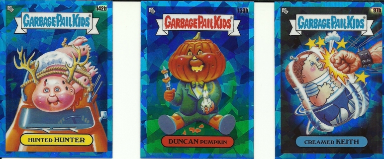 Three 2021 Topps GPK Chrome Card SAPPHIRE: Creamed Keith, Duncan Pumpkin, Hunted Hunter