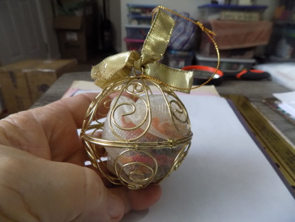 Vintage Goldtone potpourri ball filled ornament TIG bow and scroll work 2 1/2 inch