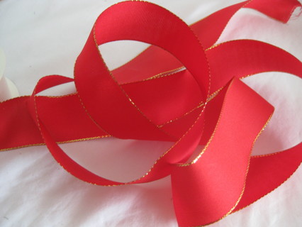 Red ribbon w gold trim, 1.5"x58", Christmas decor.