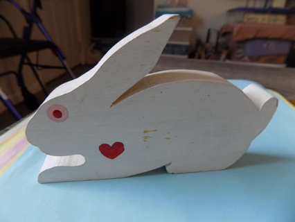 5 inch wooden cut out white rabbit with red heart and red eye
