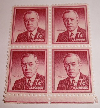 Scott #1040, Wilson, Pane of 4 Useable 7¢ US Postage Stamps