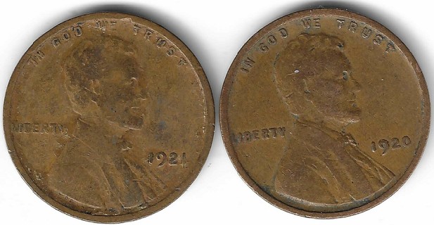 1920 and 1921 Lincoln Wheat Pennies