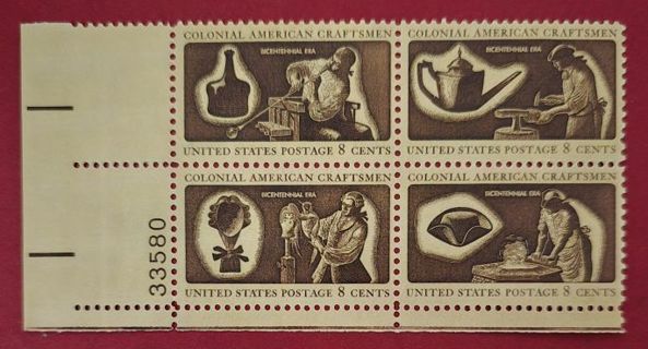 One Mint Plate Block .08 Colonial American Craftsman US Postage Stamps