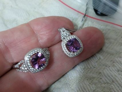 Sterling silver amethyst pendant necklace and ring set