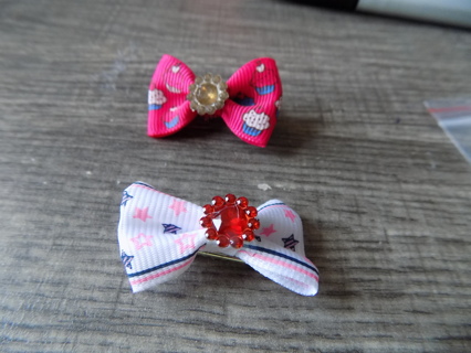 Doggie Hair bows Set # 17 white with stars & red jewel, hot pink & yellow jewel