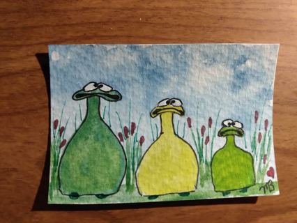 ACEO Original, Watercolor Painting 2-1/2"X 3/1/2" Whimsical Frog Family by Artist Marykay Bond