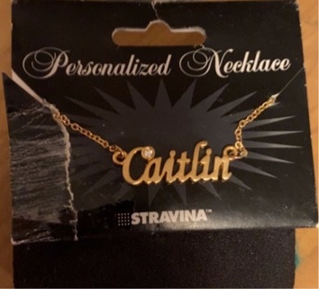 “Caitlin” name necklace gold tone with a rhi