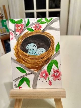 Original, Watercolor ACEO Painting 2-1/2"X 3/1/2" Nesting time in NC by Artist Marykay Bond