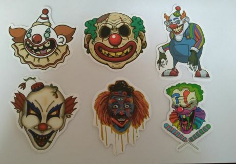 6- "EVIL SMILING SCARY CLOWNS" STICKERS
