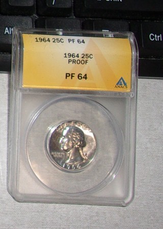 1964 Washington Silver Proof Quarter certified by ANACS PF64