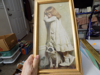 Vintage gold wood frame picture Little girl in corner being punished,  her little dog stays with her