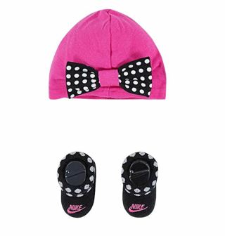 Nike 2-Piece Hat Booties Set Newborn 0-6 Months Pink Bow Black White Polka Dots