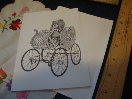 Teddy Bear in Vintage Carriage Blank Card in BLACK & WHITE ~ Free Shipping